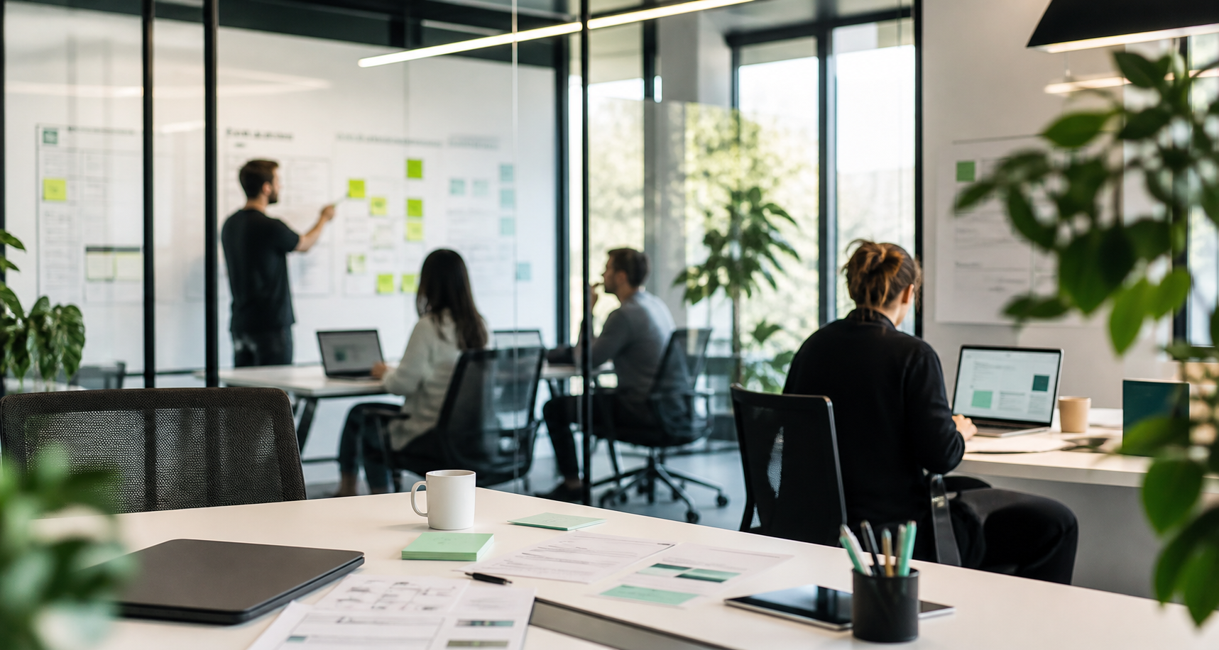 Equipe em ambiente moderno de desenvolvimento de produtos digitais